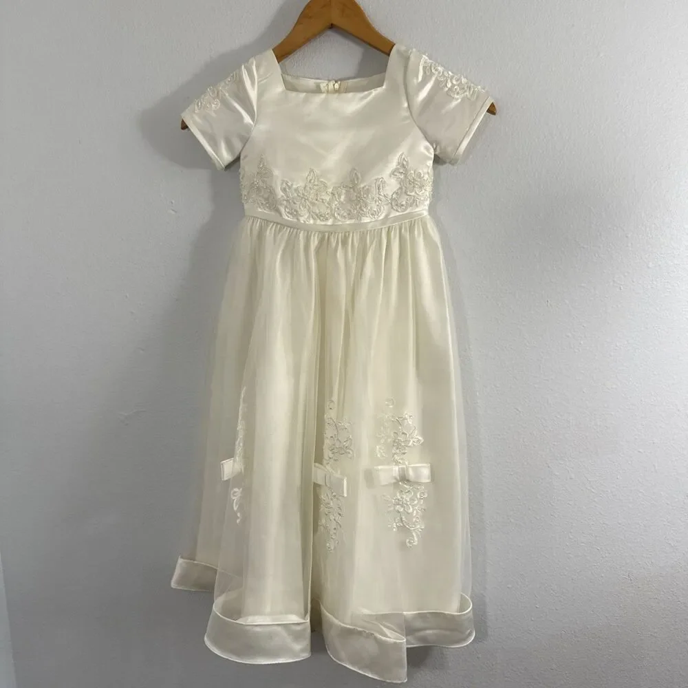 Majestic Dress Kids 4 Ivory Sleveless Beaded Bow Tulle Ball Gown Formal Party